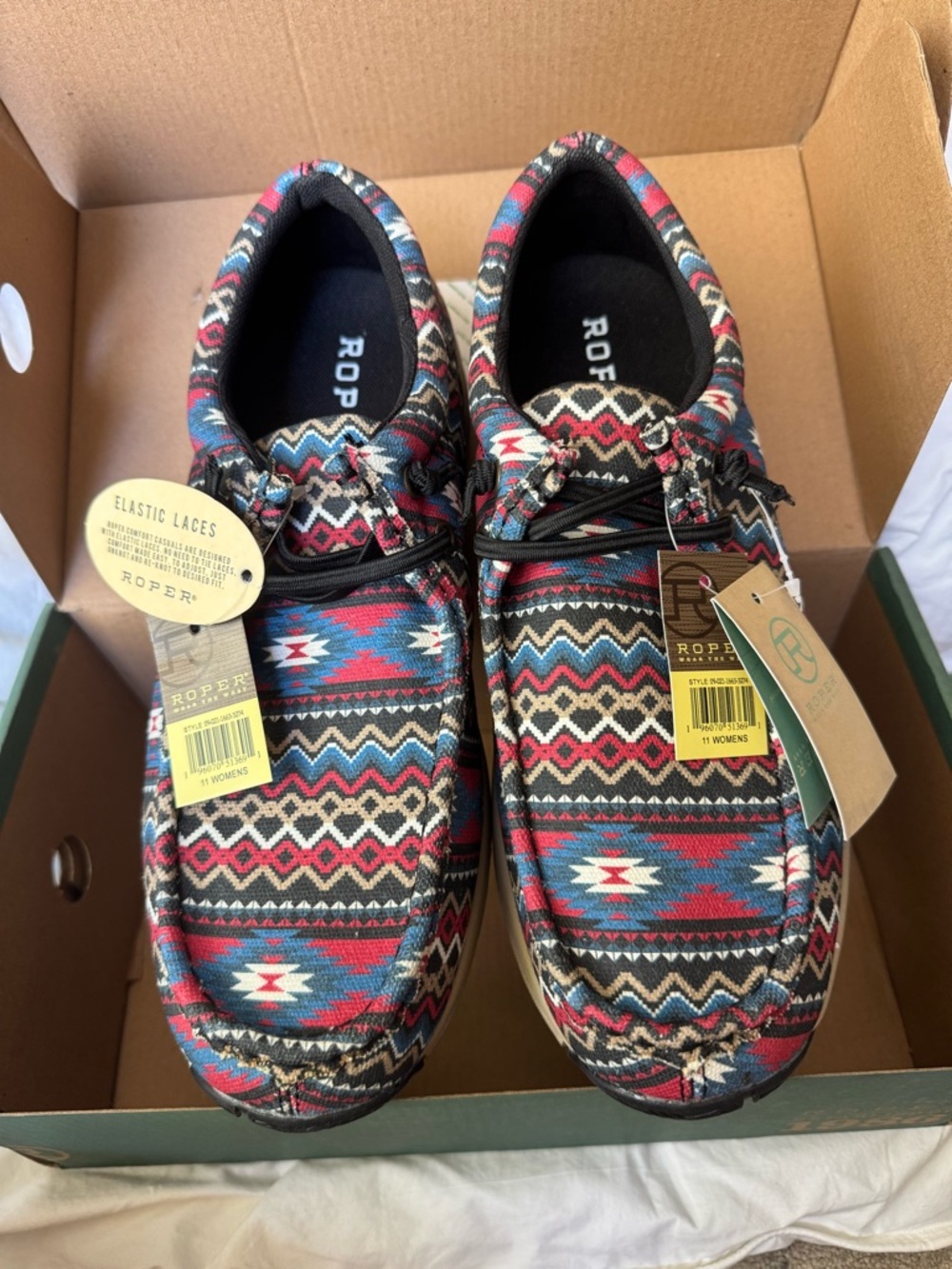 Roper Women’s Aztec Slip-On Shoes - Red/Blue Pattern Sz 11 NWT original package